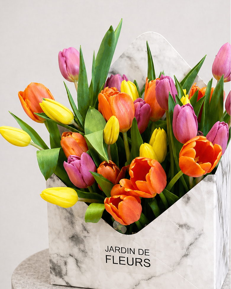 Bouquet of colorful tulips in a marble-textured box labeled 'Jardin de Fleurs' on a gray pedestal.