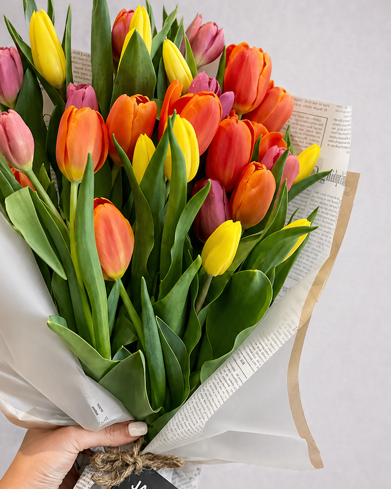 Bouquet of colorful tulips held by a hand with a 'Jardin de Fèlours' tag on a light gray background